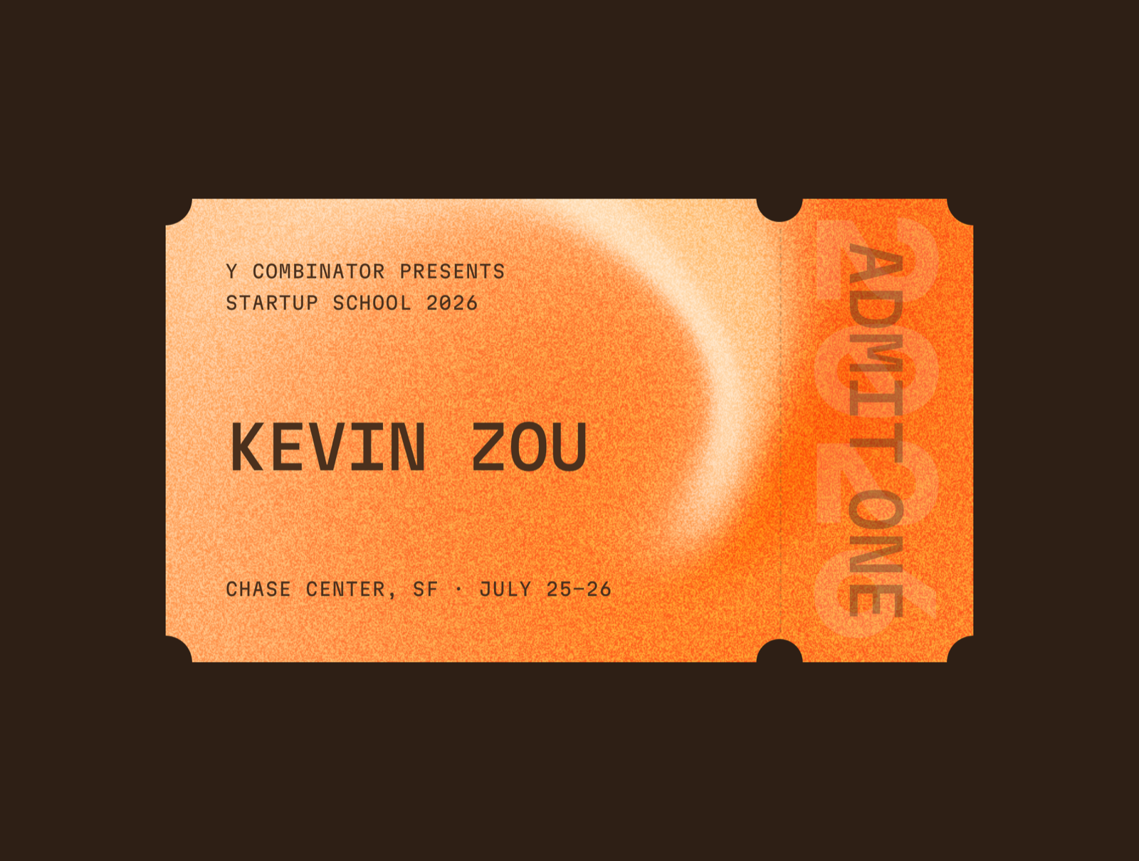 Y Combinator AI Startup School admit-one ticket, Kevin Zou